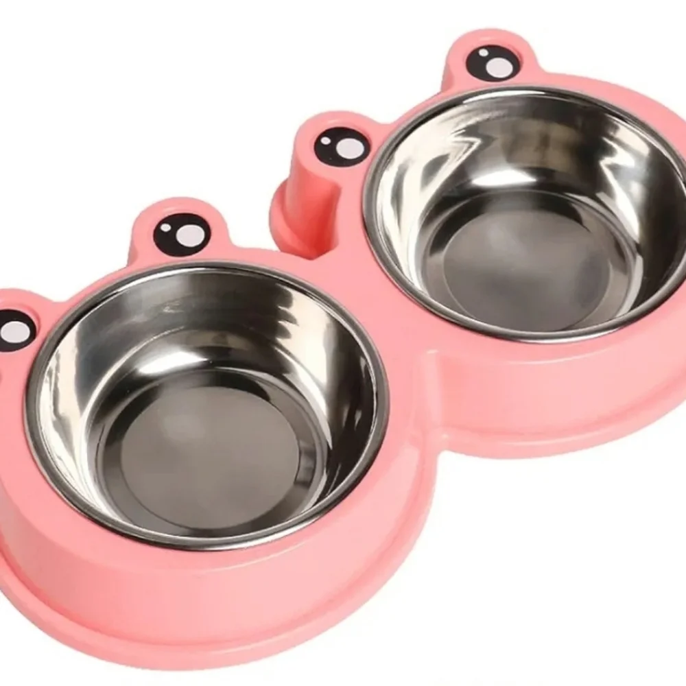 PINK or BLUE Double Pet Bowl with Cute Design For DOGS OR CATS